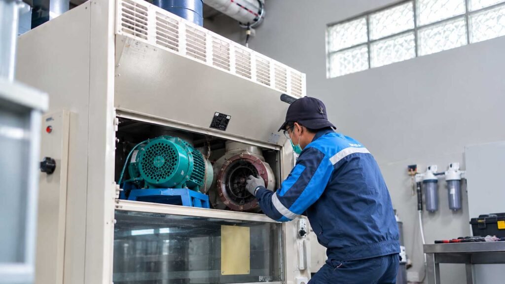 Teknisi jasa servis alat lab memeriksa komponen motor blower polypropylene tahan kimia